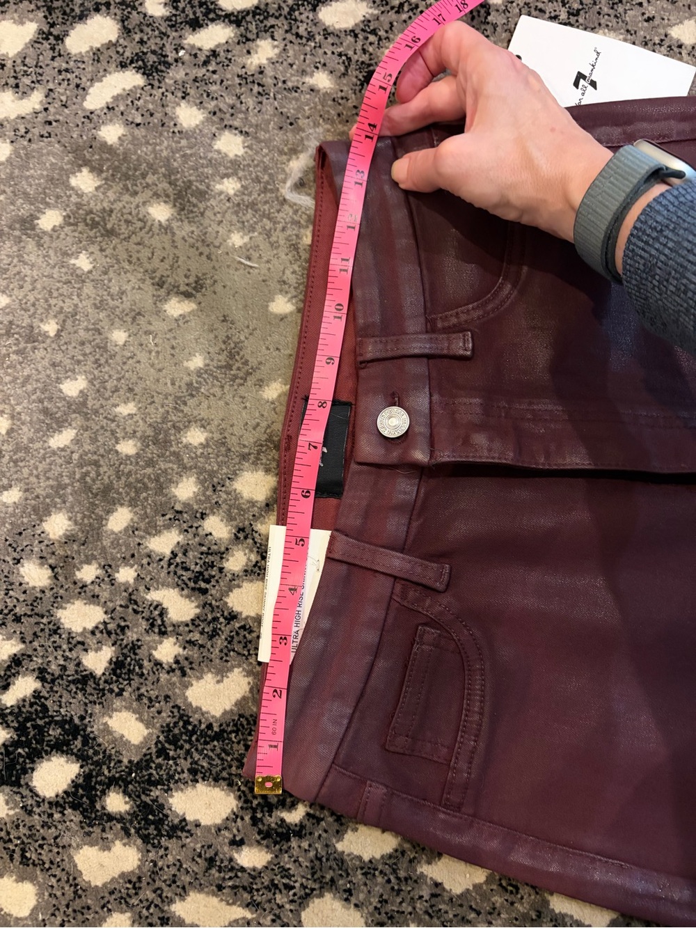7 For All Mankind Burgundy Faux-Leather Flare Jeans - Picture 9 of 11